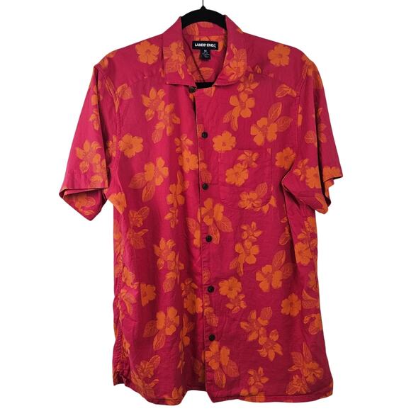 Lands End Mens Bright Pink Orange Floral Hawaiian Button Up Shirt Size Medium - Picture 1 of 8